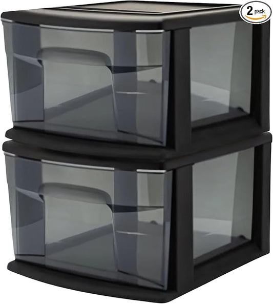 HOMZ 1 Drawer Storage Cart, Medium Plastic Container, Black Frame, 2 Pack | 14.25" Wide Medium Tote with 1 Smoke Tint Drawer for Organizing Bathrooms, Bedrooms, Home Offices, Closets, and Dorm Rooms