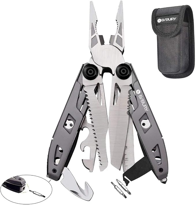 BIBURY 18-in-1 Multitool Pliers with Titanium-Plated Handle & Safety Hammer | Safety Locking, Nylon Sheath, Pocket Knife, Ideal for Outdoor, Survival, Camping, Hiking, Home Repair, Gift for Men