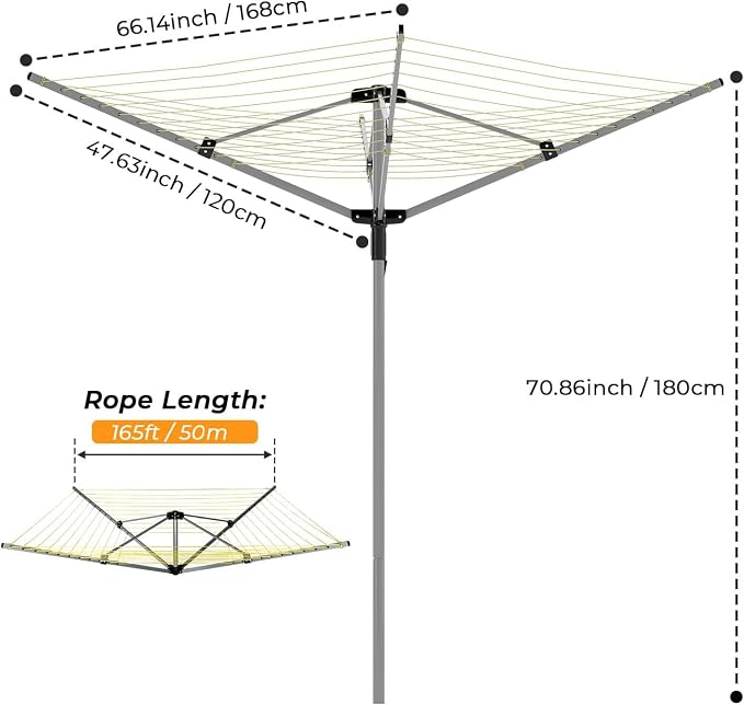 tonchean 165 Feet Clothesline Outdoor Umbrella Drying Rack, 4-arm Rotary Umbrella Clothesline for Laundry Adjustable Height Rotary Dryer Collapsible Clothes Drying Rack with 12-Lines