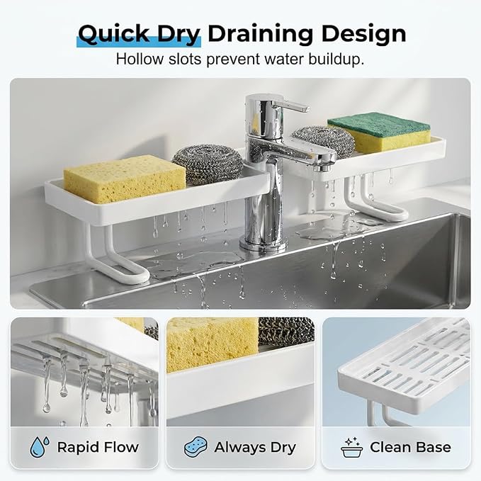 2026 New No-Drill Kitchen Sink Sponge Holder, Over-Faucet Storage Shelf with Drain Rack Organizer (White)