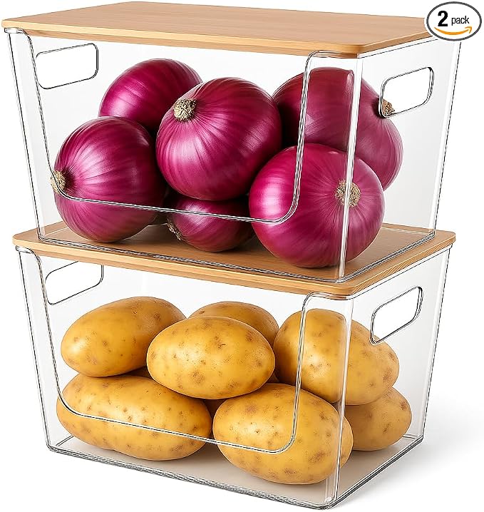CiWiVOKi 2 Set Pantry Organizers and Storage - Clear Stackable Bins with Bamboo Lid for Fruit, Onion, Potato, Vegetable - Trash Bag Holder Dispenser Under Sink Organizer for 4-13 Gal Bags