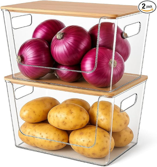 CiWiVOKi 2 Set Pantry Organizers and Storage - Clear Stackable Bins with Bamboo Lid for Fruit, Onion, Potato, Vegetable - Trash Bag Holder Dispenser Under Sink Organizer for 4-13 Gal Bags