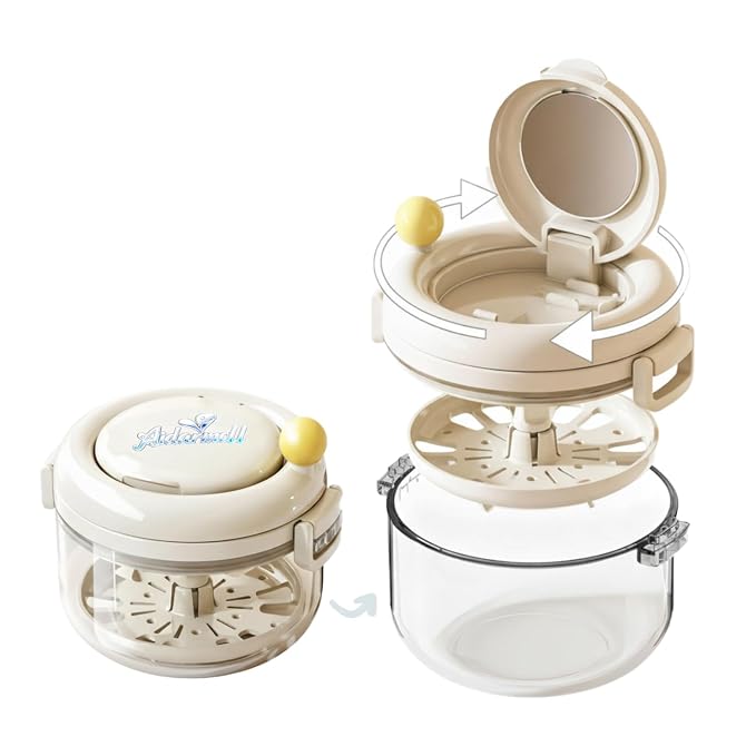 Denture Bath Cup，Retainer Cleaner Case Box,Night Mouth Guard Case Holder,Storage Soak Container with Drain Tray for Travel Cleaning with Mirror and Brush (Beige)