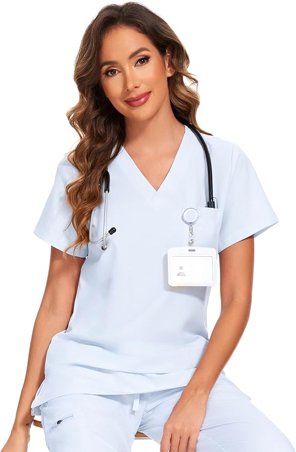 Scrubs Tops for Woman - Soft Stretch, V-Neck Tops | 3 Pockets, Side Split Design, Short Sleeve, Breathable & Lightweight Nursing Shirt, Easy-Care Fabric for All-Day Comfort