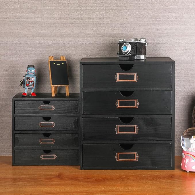 Small Wooden Drawers Wooden Box with Drawer Black | 4 Drawer Storage Box for Apothecary Cabinet, Apothecary Drawers，Desktop Organizer with Metal Handles for Office，Home