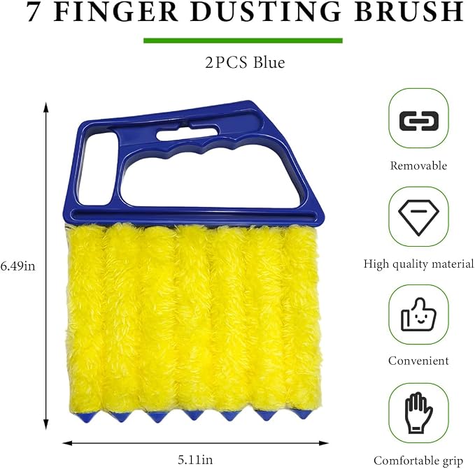 DXNQ 2 PCS Blind Cleaner Duster Tool, Window Venetian Hand-held 7 Finger Dusting Cleaner Brush, Blinds Cleaning Brush Tool for Window Shutters Air Conditioner, Car Accessories (Blue)