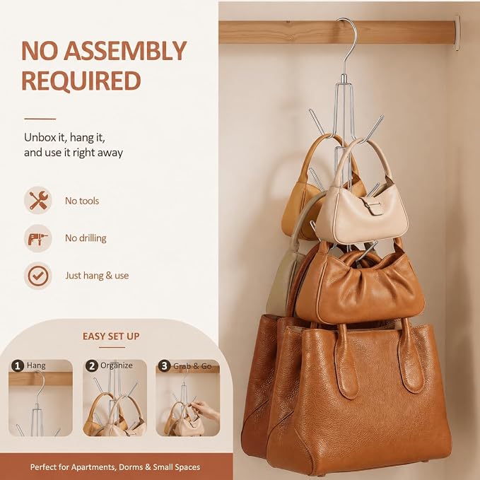 ZEDODIER Purse Hanger, Hanging Purse Organizer for Closet, Holds 24 Bags | Metal 24 Hooks Handbag Holder for Bag Storage, 360° Rotating Design Keeps Purses Visible, Organized, and Easy to Access