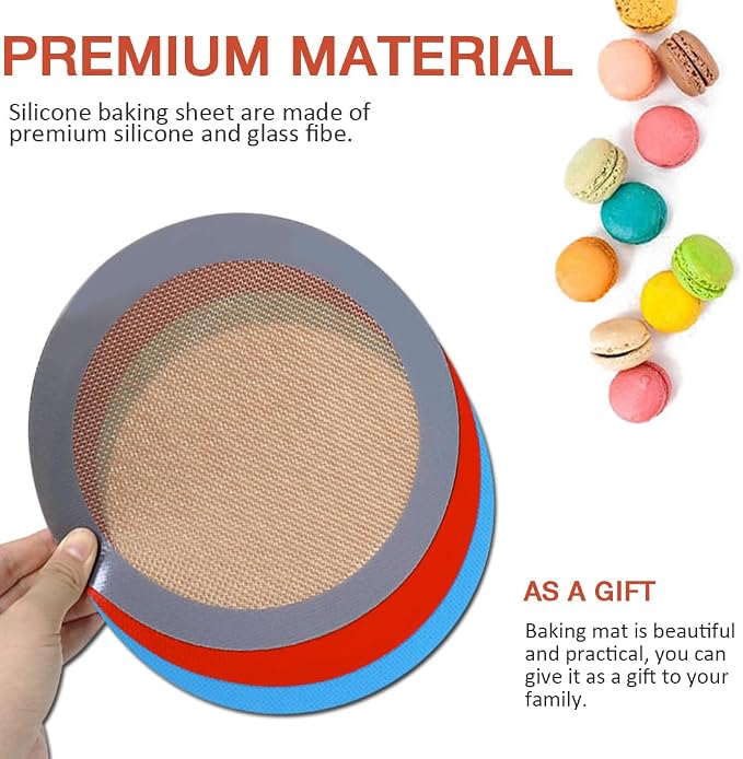 8 Inch Round Silicone Bakintg Mat, Set of 3 Reusable Silicone Baking Mats, Silicone Mat for 8 Inch Cake Pan, Silicone Mat for Baking Cake, Pizza, Pie, Bread, Macaron (Red, Blue, Grey)
