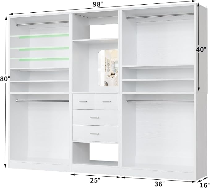 Unikito 98” Closet System with Mirror & 4 Drawers, 8.2FT Heavy Duty Wood Closet Organizer with 4 Hanging Rods, Large Walk-in Wardrobe Garment Rack with Adjustable Shelves, White