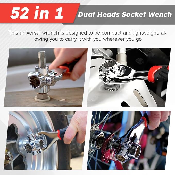 52 in 1 Universal Socket Wrench with Gloves, 360° Rotating Spanner | Carbon Steel Universal Wrench Fits 8-19mm and 5/16"-3/4" Nuts for Home, Bike and Auto Repair