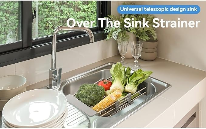 Adjustable Dish Drying Rack with Stainless Steel Drain Basket Over-The-Sink - Portable & Telescopic Space-Saving Solution for Fruit Vegetable