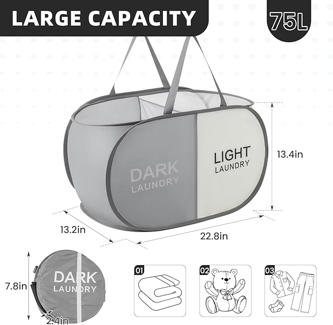 Collapsible Laundry Baskets with 2 Compartments, Black + Begie | 75L, Foldable, Pop up Hamper, Reinforced Durable Laundry Hamper for Home, Laundry, Bathroom, Dorm or Travel