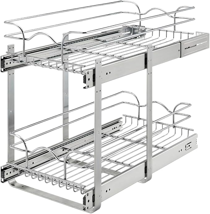 Rev-A-Shelf Pullout Organizer for Cabinets, Min Opening Width of 11.5" | Two-Tier Steel Shelf for Kitchen or Vanity Cabinet Organization, Heavy Gauge Wire Slide Out Storage Basket, 5WB2-1222CR-1