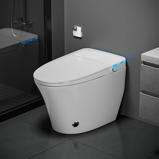 Tankless Smart Toilet with Bidet Built-In, Elongated Heated Seat & Auto Flush, Foam Shield, Aroma, UV-C, ADA Height, Instant Warm Water, Air Dryer, Night Light