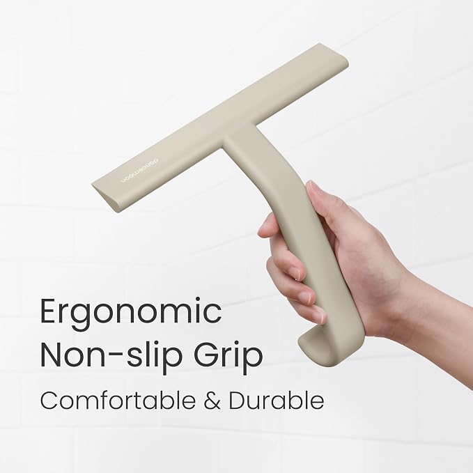 dancemoon JustHang Shower Squeegee for Glass Doors, All-One-Piece Award-Winning Silicone Squeegee with Built-in Hook for Bathroom,Window, Mirror, Tile Wall,Car, Streak-Free Cleaner,10-Inch Light Taupe