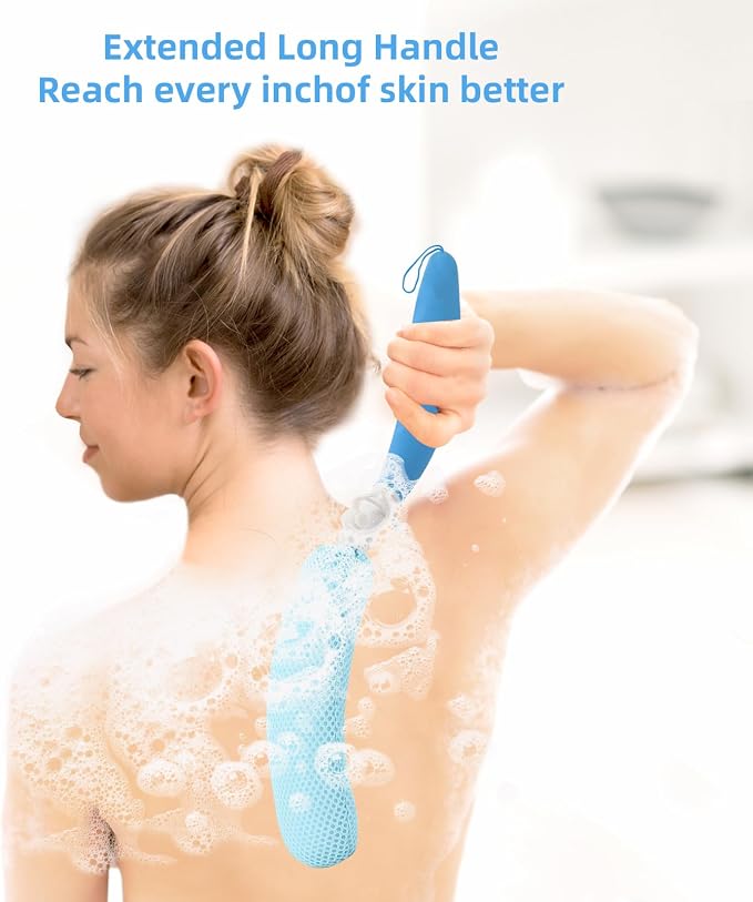 Back Scrubber for Shower, 15.35" Long Handle Shower Brush for Body, Back Brush for Shower for Men Women, Long Handled Bath Sponge for Deep Clean, Exfoliating, Anti-Slip Curve Handled Back Scrubber