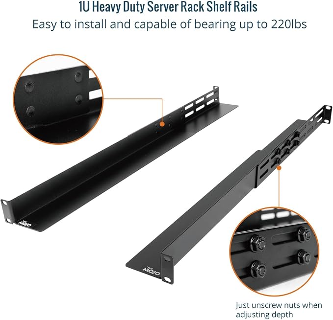 Tecmojo Universal 1U Rack Mount Rail ,4-Post Fully Server Rack Shelf Rail with 20.9"-32" Adjustable Depth, Fit for Non-Rack Mountable Server/Networking/AV/IT Equipment