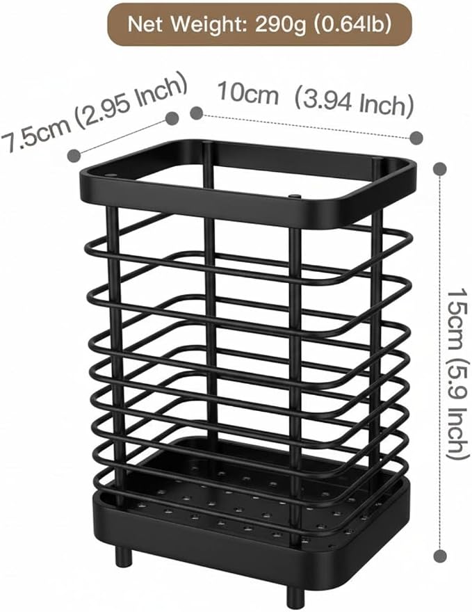 Kitchen Utensil Drying Rack, 18/8 Stainless Steel Utensil Holder Chopsticks Spoon Fork Knife Drainer Basket Flatware Storage Drainer, Dish Drainer for Kitchen Counter (Black)
