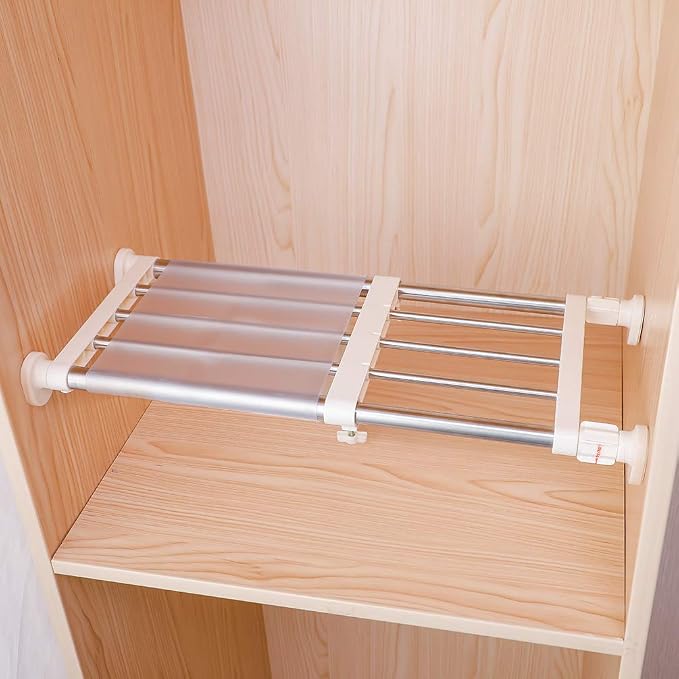 Hershii Closet Tension Shelf & Rod Expandable, Adjustable Storage Rack | Metal Organizer DIY Divider Separator for Cabinet Wardrobe Cupboard Kitchen Bathroom 15.74 - 23.62 inches
