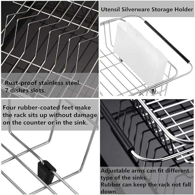 SANNO Dish Drying Rack, Expandable Dish Drainer Over Sink in Sink On Counter with Utensil Silverware Storage Holder, Rustproof Stainless Steel