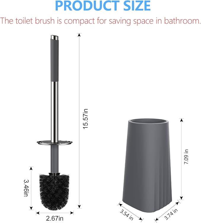 SetSail Toilet Brush, Compact Size Toilet Bowl Brush and Holder Toilet Brushes for Bathroom with Stainless Steel Handle Toilet Cleaner Brush with Durable Scrubbing Bristles, 2 Packs-Grey