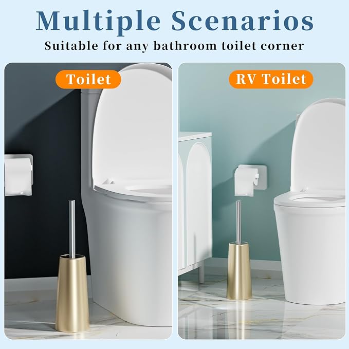 2 Pack Toilet Brush and Holder-with 304 Stainless Steel Long Handle-Toilet Bowl Brush for Bathroom (Champagne Gold)