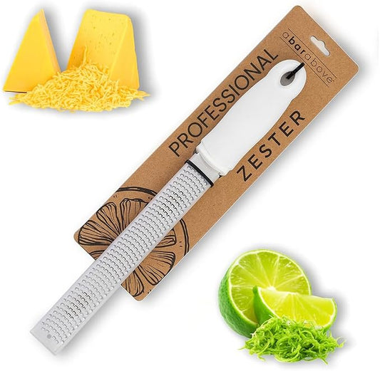 A Bar Above Lemon Zester and Cheese Grater, Professional 12 Inch Stainless Steel Hand Grater for Citrus, Parmesan, Ginger, Chocolate, Ergonomic Handle, Dishwasher Safe, Perfect Kitchen Gadget, White
