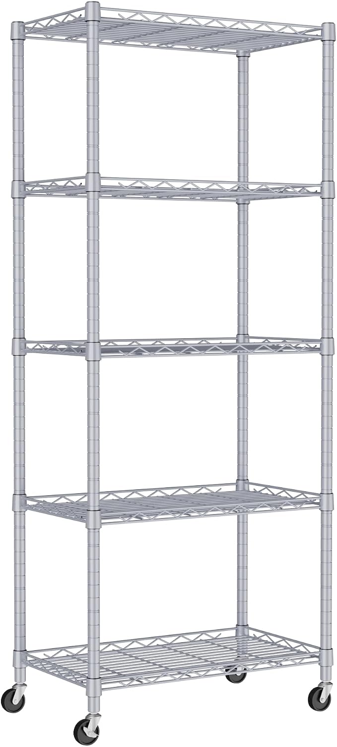REGILLER 5-Wire Shelving Metal Storage Rack Adjustable Shelves,Standing Storage Shelf Units for Laundry Bathroom Kitchen Pantry Closet(Silver,11.8" D x 21.2" W x 55" H,With Wheels)