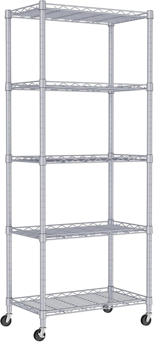 REGILLER 5-Wire Shelving Metal Storage Rack Adjustable Shelves,Standing Storage Shelf Units for Laundry Bathroom Kitchen Pantry Closet(Silver,11.8" D x 21.2" W x 55" H,With Wheels)