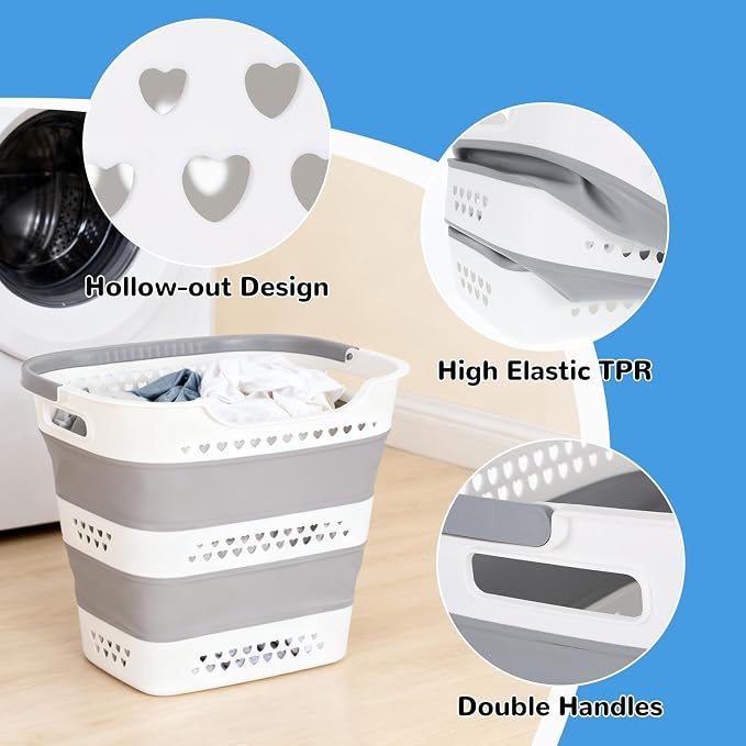2 Pcs Collapsible Laundry Baskets for Clothes, 43L Plastic Laundry Hamper for Dorm Bedroom, Space Saving Pop-Up Laundry Hamper Container, Durable Foldable Laundry Basket with Handles (Grey-White)
