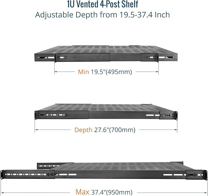 Tecmojo 1U 4-Post Vented Server Rack Mount Shelf,27.6in Deep with Adjustable Depth 19.7-37.4inch,Supports to 242 lbs,Universal Tray for 19 Inch AV/Network Equipment Rack,Black