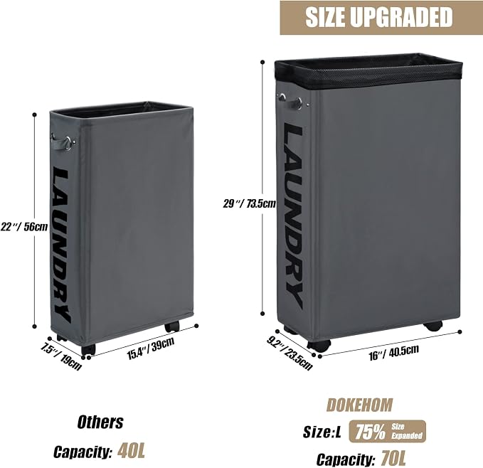 DOKEHOM 29" Enlarged Slim Rolling Laundry Basket Hamper on Wheels, Grey | Collapsible tall laundry hamper with removable mesh wash bag. Foldable narrow corner clothes storage bin for small spaces