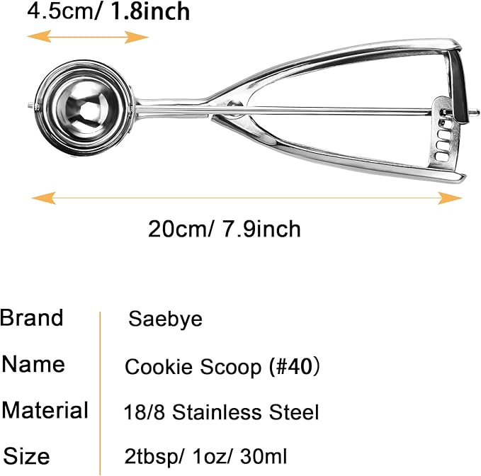 Saebye Medium Cookie Scoop, 2 Tbsp / 30ml / 1 oz, Size #40 Cookie Dough Scoop, Cookie Scoops for Baking, 1 25/32 inches / 4.5 CM Ball, 18/8 Stainless Steel, Secondary Polishing