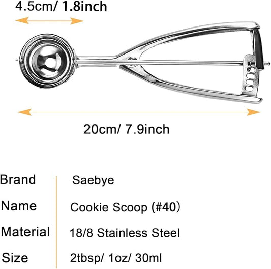Saebye Medium Cookie Scoop, 2 Tbsp / 30ml / 1 oz, Size #40 Cookie Dough Scoop, Cookie Scoops for Baking, 1 25/32 inches / 4.5 CM Ball, 18/8 Stainless Steel, Secondary Polishing