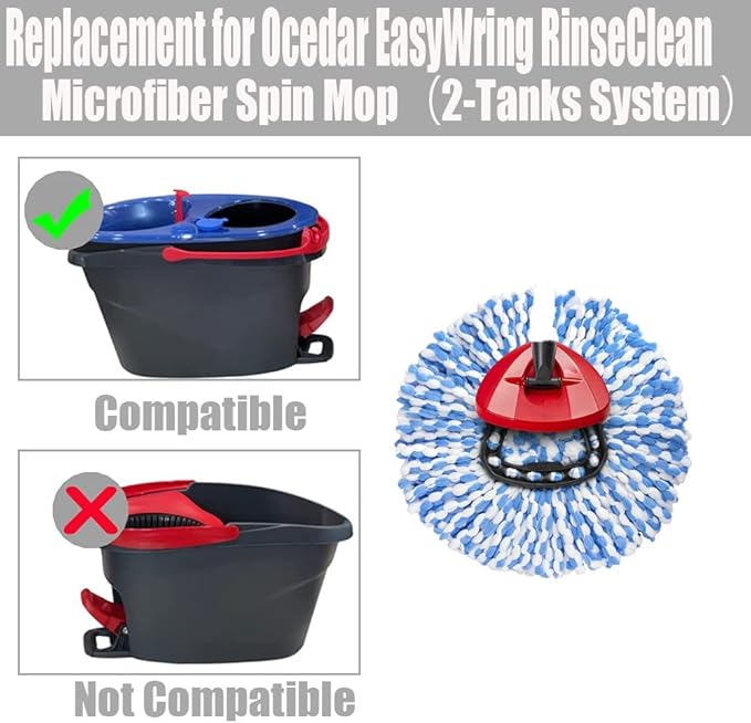 ANREKEYH Spin Mop Head, Base, Handle Replacement for O-ceda EasyWring RinseClean Microfiber Spin Mops, 2 Microfiber Mop Refills, 1 Triangle Head Cover and 30-58in Handle (Blue (2-Tank System))