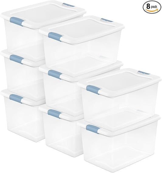 Sterilite Latching Box with Lids for Home and Office, 64 Quart, 8-Pack | Heavy-Duty and Stackable Plastic Containers with Latches for Closet, Cabinet, Bedroom, Bathroom and Dorm Room Organization