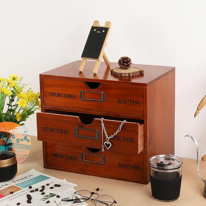 Large Wooden Drawers Wooden Box with Drawer Brown | 3 Drawer Storage Box for Apothecary Cabinet, Apothecary Drawers，Desktop Organizer with Metal Handles for Office，Home