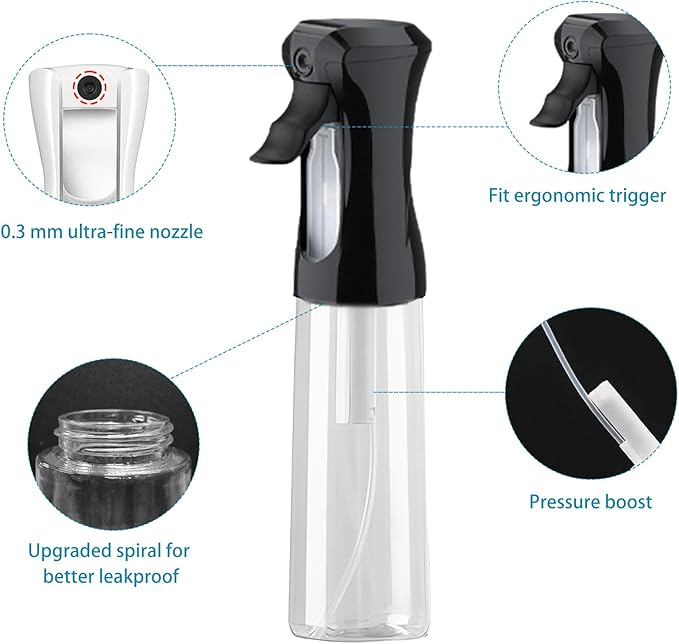 THINTON Mist Spray Bottle for Hair (6.8oz/200ml) - 2 Pcs Continuous Spray Bottle for Hairstyling, Cleaning, Plant and Gardening