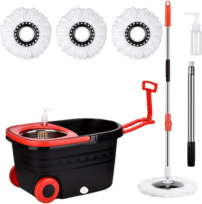 Mop Bucket Set with Wringer, Swivel Stainless Steel Mop Bucket with Wheels, 3 Microfiber Replacement Mop Heads, Stainless Steel Telescopic Handle Floor Mop, Wash Bottle