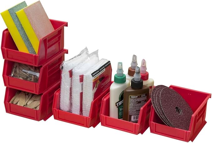 Akro-Mils 30210 AkroBins Plastic Storage Bins, Space-Saving Stackable Bins for Garage, Pantry, Craft Organization, 5" x 4" x 3", Red, 6-Pack