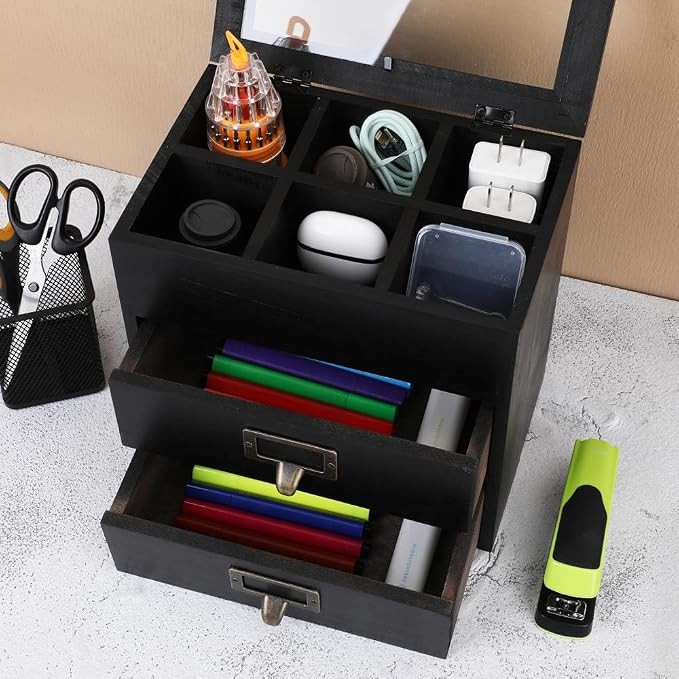 Small Wooden Drawers Wooden Box with Drawer Black | 2 Drawer Storage Box for Apothecary Cabinet, Apothecary Drawers，Desktop Organizer with Metal Handles for Office，Home