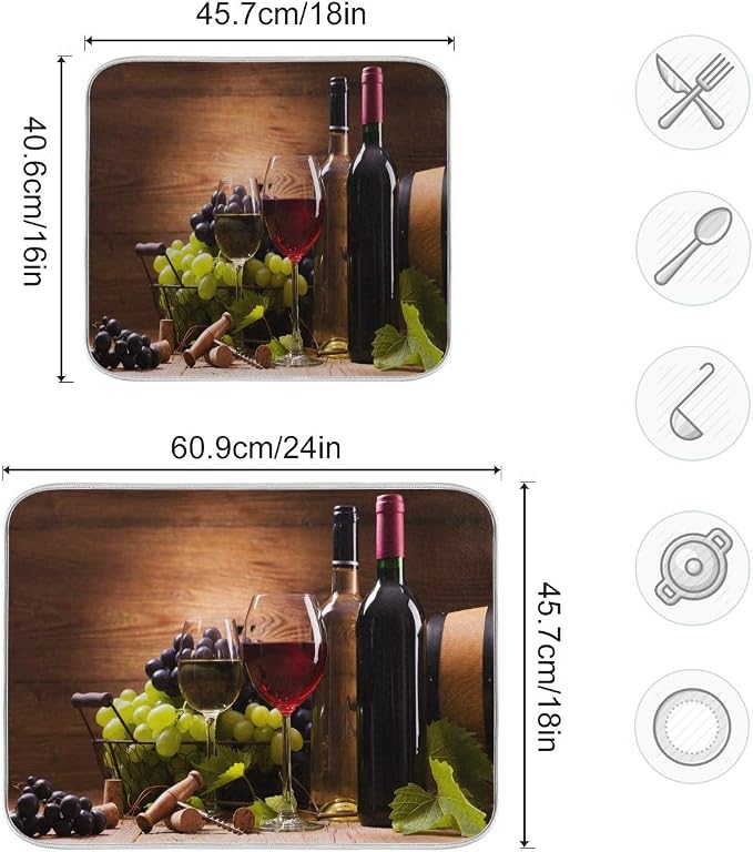 Red Wine Grape Floral Dish Drying Mat 16x18 for Kitchen Vintage Wooden Print Dishes Pad Dish Drainer Rack Mats Absorbent Fast Dry Elegant Kitchen Accessories