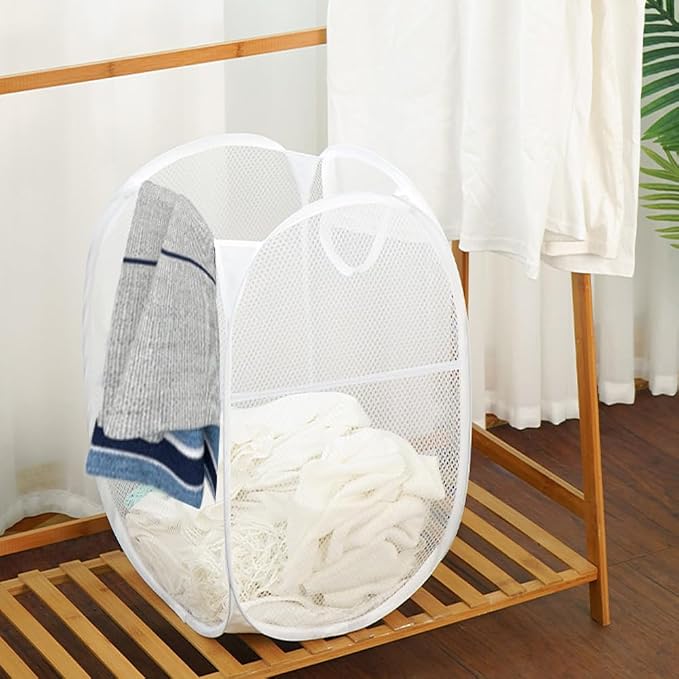 Pack of 2 Pop Up Laundry Hampers, Collapsible Mesh Laundry Baskets, Foldable Clothes Hampers for Bathroom, College Dorm, Travel (White)
