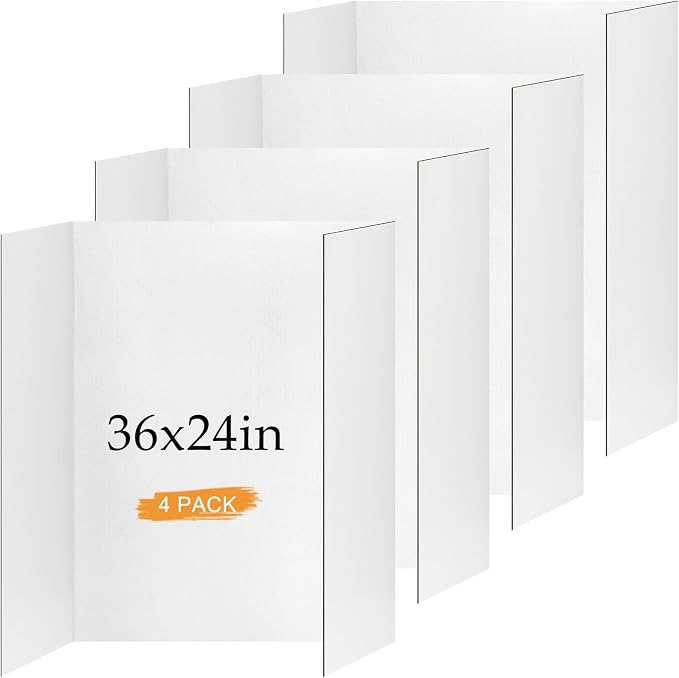 4 Pack Trifold Poster Board 36" x 24", White Science Fair Display Boards | Thickened Corrugated Cardboard, Portable, Ideal for School Projects and Event Displays