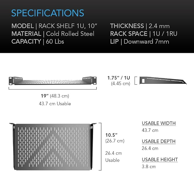 AC Infinity Vented Cantilever 1U Universal Rack Shelf, 10" Deep, for 19” Equipment Racks. Heavy-Duty 2.4mm Cold Rolled Steel, 60lbs Capacity