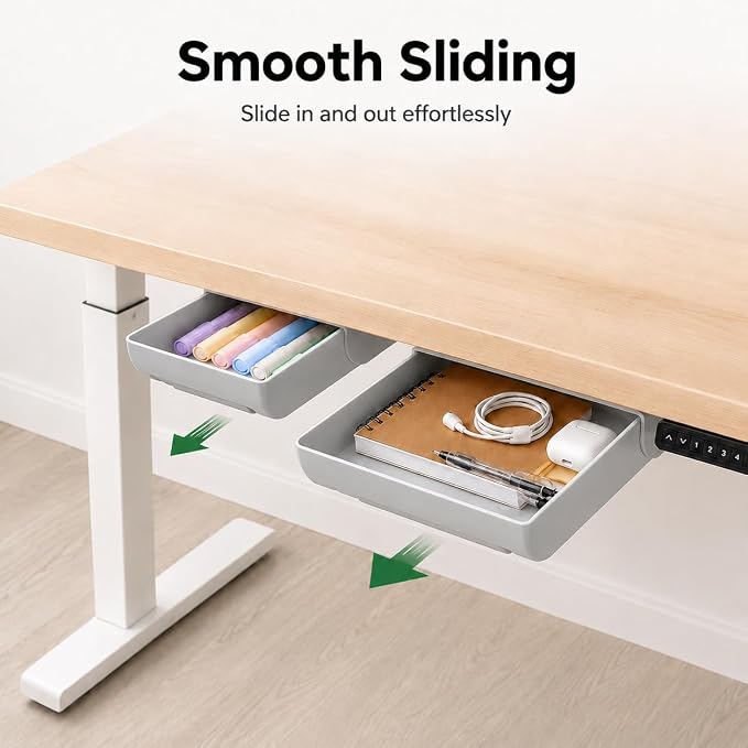 Under Desk Drawer, 2 Pack Self Adhesive Slide Out Desk Storage Drawers | Hidden Desk Drawer Organizer Attachment for Pens, Notes, Earbuds, Cables and Small Office Accessories, Grey