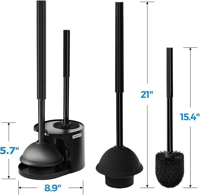FORASTO 2 in 1 Toilet Plunger and Brush Set, Toilet Bowl Cleaning Combo, Groove Gap Brush, Black