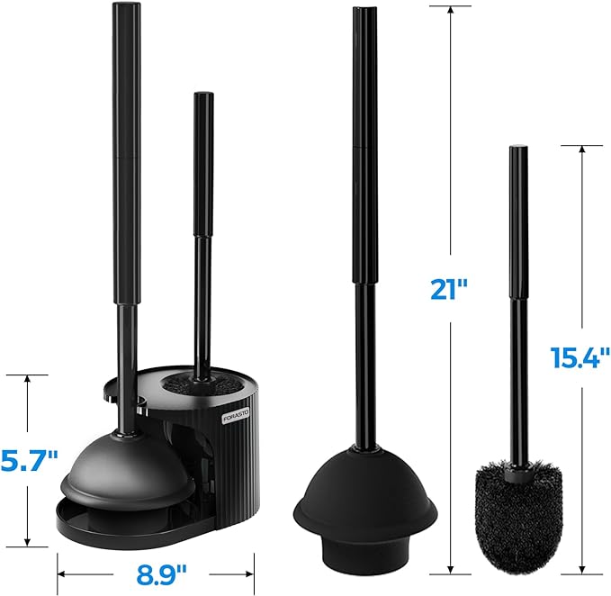 FORASTO 2IN1 Toilet Brush and Plunger Set, 3Pack Extended Handle Combo | Black bathroom accessories, bathroom decor, apartment essentials, home essentials, cleaning supplies, compact floor storage