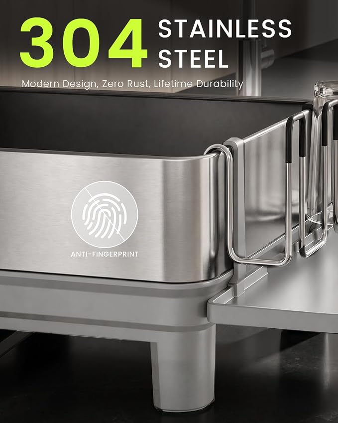 Dish Drying Rack, 304 Stainless Steel Dish Rack and Drainboard Set, Rustproof Dish Drainer with Anti-Pooling Automatic Drainage, Large Capacity Kitchen Counter Organizer, Grey