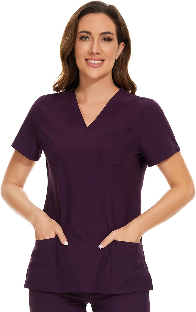 Scrubs Tops for Woman - Soft Stretch, V-Neck Tops | 3 Pockets, Side Split Design, Short Sleeve, Breathable & Lightweight Nursing Shirt, Easy-Care Fabric for All-Day Comfort